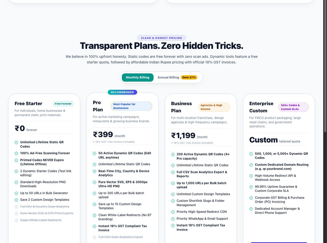 BT QR Studio Honest Indian Pricing Plans