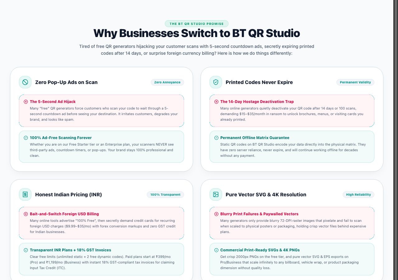 Why Businesses Switch to BT QR Studio - Comparison Matrix